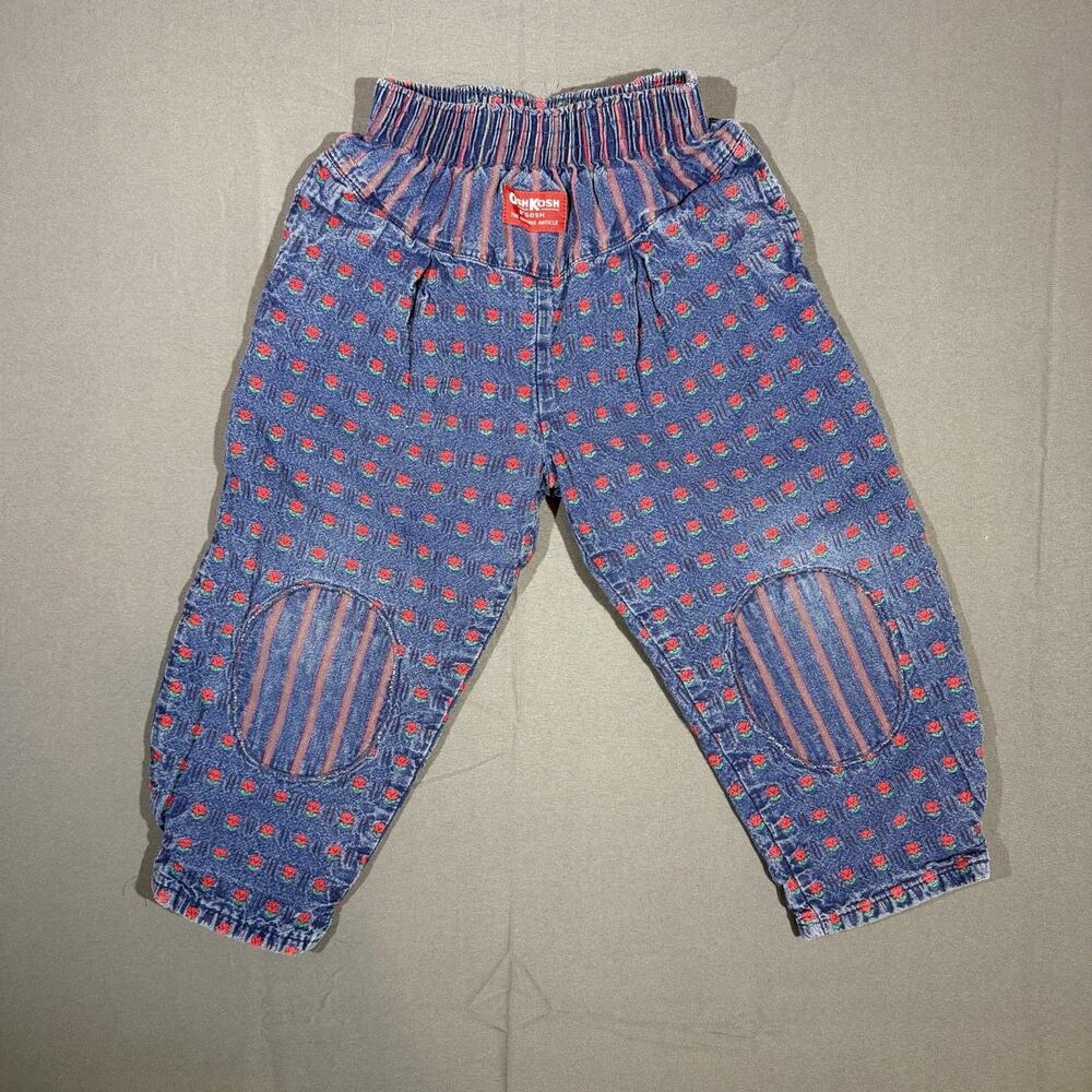 Vtg 90s OshKosh Parachute Pants Red Flower Jeans Ballon USA baggy Denim 4T